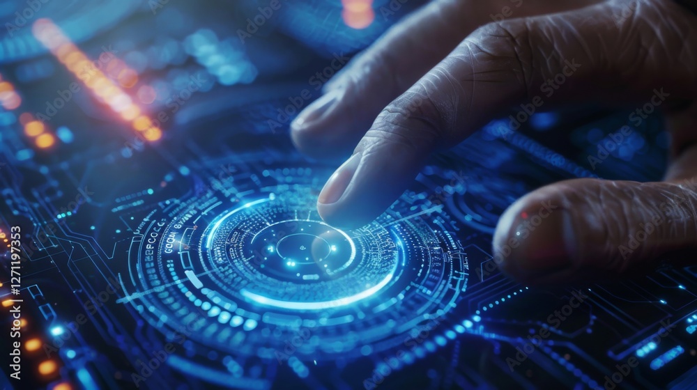 Poster A hand is engaged with a glowing technological interface, where vibrant colors and intricate patterns signify advanced data visualization in a dim setting, reflecting modern innovation.