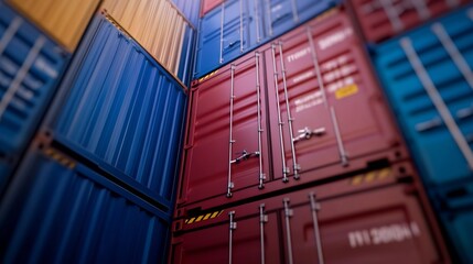 Fototapeta premium Vibrant shipping containers stacked high in a shipping yard showcasing global trade and logistics : Generative AI