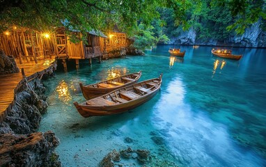 Obraz premium Serene bay with crystal-clear water and traditional wooden boats