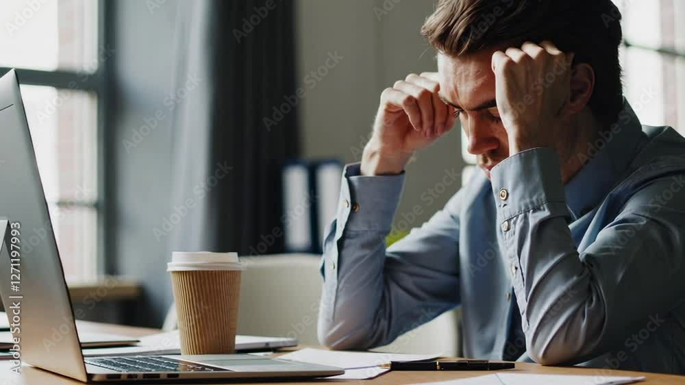 Poster office worker suffering from intense stress related headache while working at desk, experiencing men