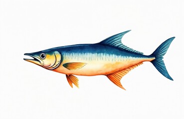 Fototapeta premium Minimalistic watercolor of Wahoo fish illustration on white backdrop. Cute comical artwork, vibrant blue fin, orange body scales with fresh detail. Modern marine wildlife design for sea beauty