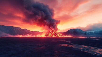 Fototapeta premium Volcanic landscapes concept. A stunning volcanic eruption set against a dramatic, colorful sunset sky.