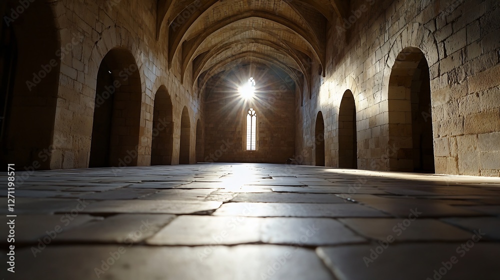 Poster ancient stone architecture with rays of light illuminating the historical interior of a monastery : 