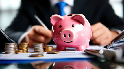modern financial workspace featuring piggy bank, coins, and documents, symbolizing savings and investment