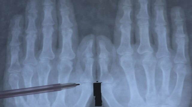 Normal, healthy human hands bones X-ray. Close up, 4k footage.