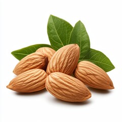 A close-up of fresh almonds brown textured surface green leaves pure white background soft shadows high-resolution ultra-realistic isolated product photography.