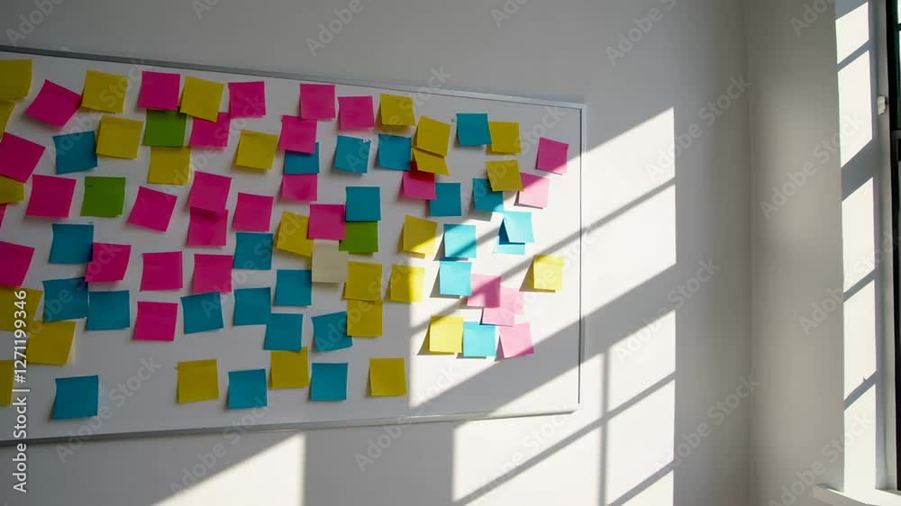 Poster Sunlight gradually sweeping across colorful sticky notes arranged on whiteboard, casting dynamic shadows and creating mesmerizing time lapse movement within bright, modern office environment