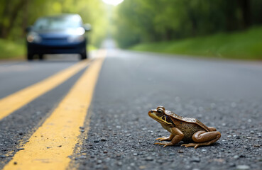 Curious frog on road with approaching car. Wild amphibian sits on asphalt. Nature and wildlife meets transport. Risk, safety concept. Green closeup animal detail. Journey to wild, nature adventure.