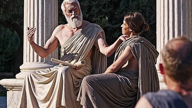 Philosophers are talking in the square.