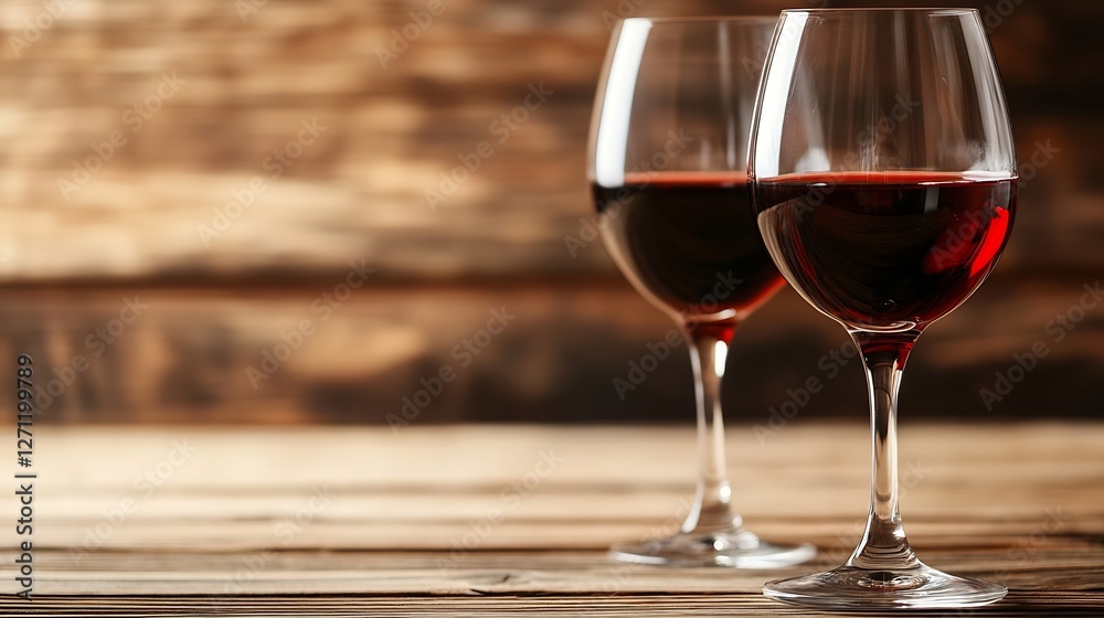 Aufkleber two elegant glasses of red wine positioned on rustic wooden table with rich warm tones creating a co