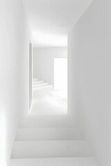 Obraz premium Bright, minimalist hallway with white walls and stairs leading to a glowing exit, evoking tranquility