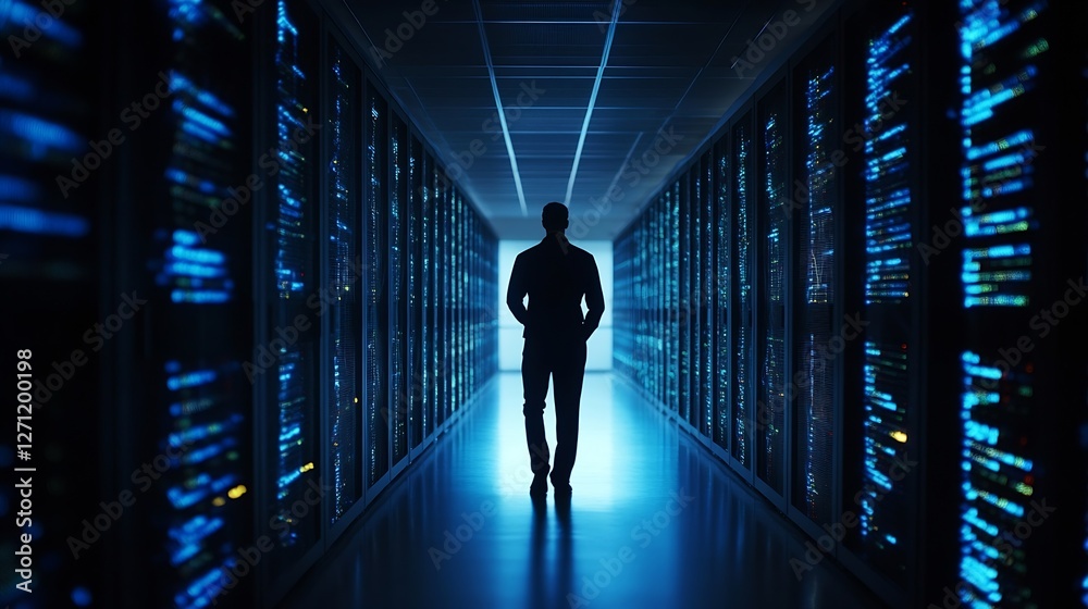 Poster Silhouette of Professional in Data Center Surrounded by Servers and Digital Displays : Generative AI