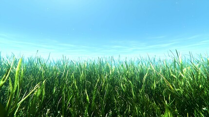 Fototapeta premium Vibrant Green Grass Field Under a Bright Blue Sky