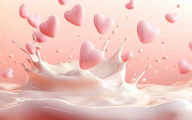 Glossy white chocolate splash with delicate pastel pink hearts suspended mid-air for 8 March International Womens Day