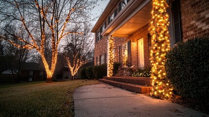 Illuminated Brick House with Holiday Lights at Night