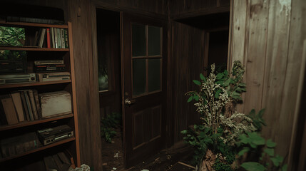 Decayed Interior Scene with Plants and Bookshelf featuring Vintage Tech amidst Forgotten Time