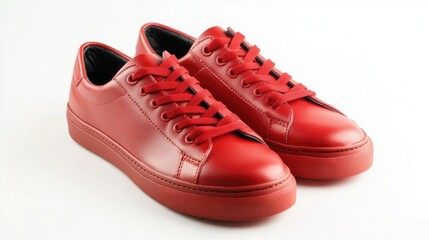 Pair of Red Leather Sneakers on White Background