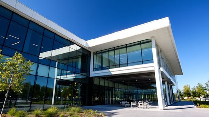 Fototapeta premium Modern architectural design featuring a glass facade and sleek outdoor area : Generative AI