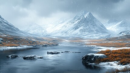 Snowy Alpine Lake Landscape Under a Stormy Sky