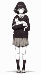Monochrome anime schoolgirl holding a white cat