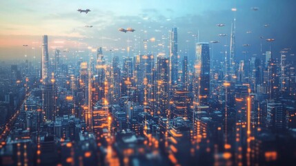 Fototapeta premium bustling cityscape with flying cars 
