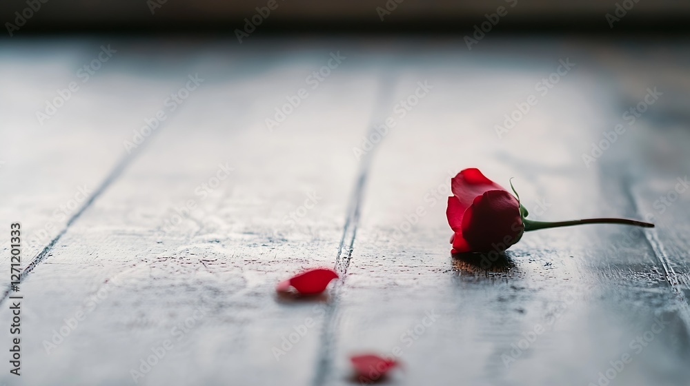 Poster stunning closeup of a single red rose petal resting on a wooden surface with soft natural light : ge