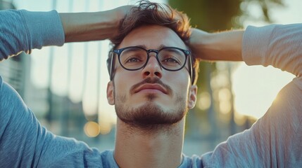 Myopia prevention with a man wearing glasses stretching before a workout. Fitness, wellness, and eye health