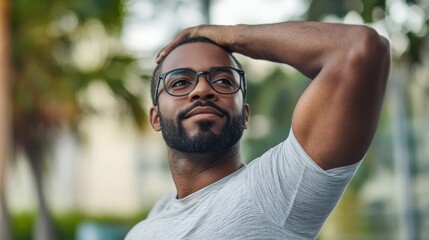 Myopia prevention with a man wearing glasses stretching before a workout. Fitness, wellness, and eye health