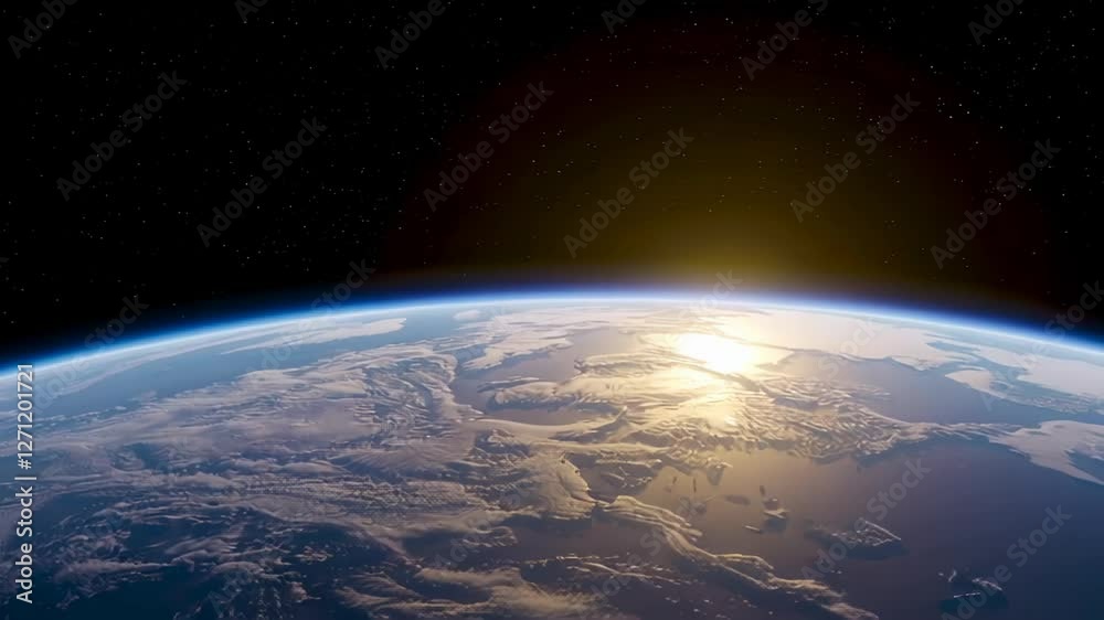 Poster Planet earth rotates slowly in space, showing a beautiful sunrise over the horizon, clouds and oceans visible from outer space in slow motion timelapse