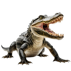 Naklejka premium A fierce alligator full body with its mouth open and teeth exposed on a Transparent Background PNG