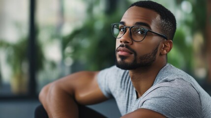 Naklejka premium Myopia prevention with a man wearing glasses stretching before a workout. Fitness, wellness, and eye health