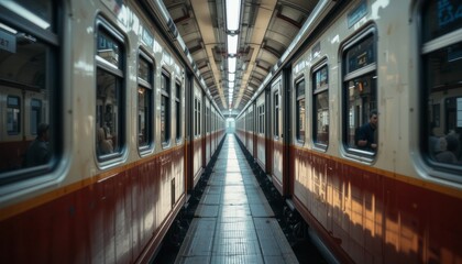 Fototapeta premium Long Perspective of Train Cars on Wet Platform