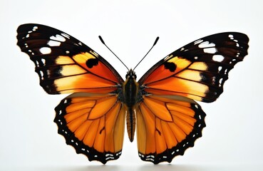 Fototapeta premium Vibrant monarch butterfly with bold orange, black, white colors wings on clean white background. Detailed close-up of insect wings. Concept for metamorphosis, transformation, beauty and nature.