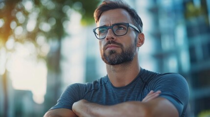 Myopia prevention with a man wearing glasses stretching before a workout. Fitness, wellness, and eye health