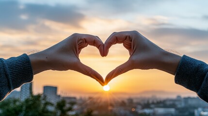 Sunset heart shape created by hands urban landscape emotional photography evening glow closeup concept