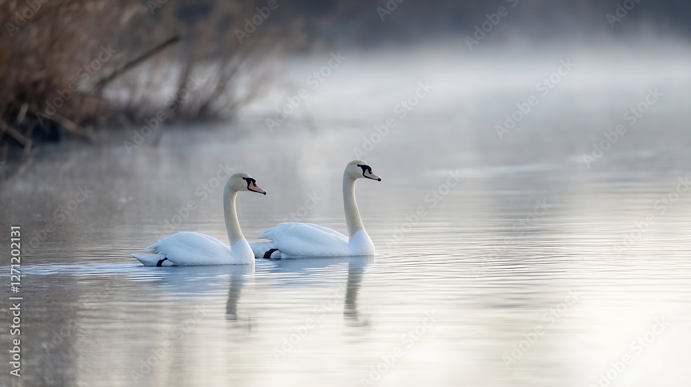 Poster graceful swans gliding on a tranquil lake surrounded by soft mist and beautiful nature scenery : gen