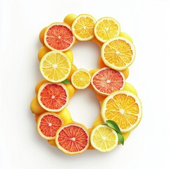 Number 8 crafted from juicy citrus slices, including oranges, lemons, and grapefruits, on a bright white background for 8 March International Womens Day