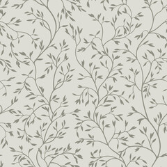 Seamless pattern with small leaves on winding branches. Vector illustration. Gray.