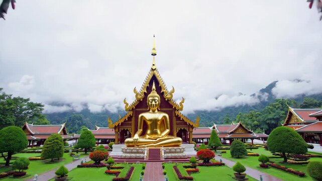 An Asian temple and Buddha statue.