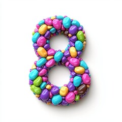 Obraz premium Number 8 formed by vibrant colorful candy-coated chocolates on a bright white background for 8 March International Womens Day