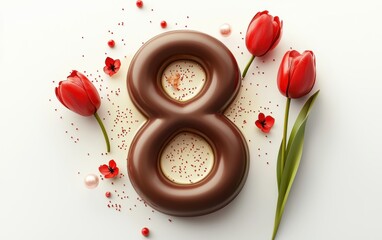 Number 8 in creamy caramel chocolate with floating red tulips and sparkles on a clean white background for 8 March International Womens Day