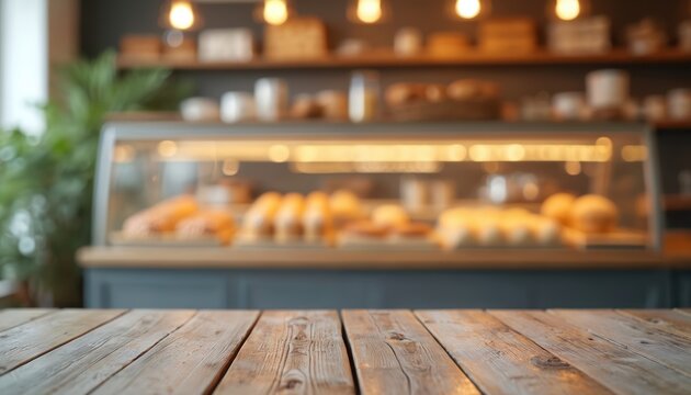 Rustic wooden table against blurred bakery display. Empty counter in cozy patisserie atmosphere with ambient light. Warm, charming spot, tempting treats on background. Perfect scene for culinary
