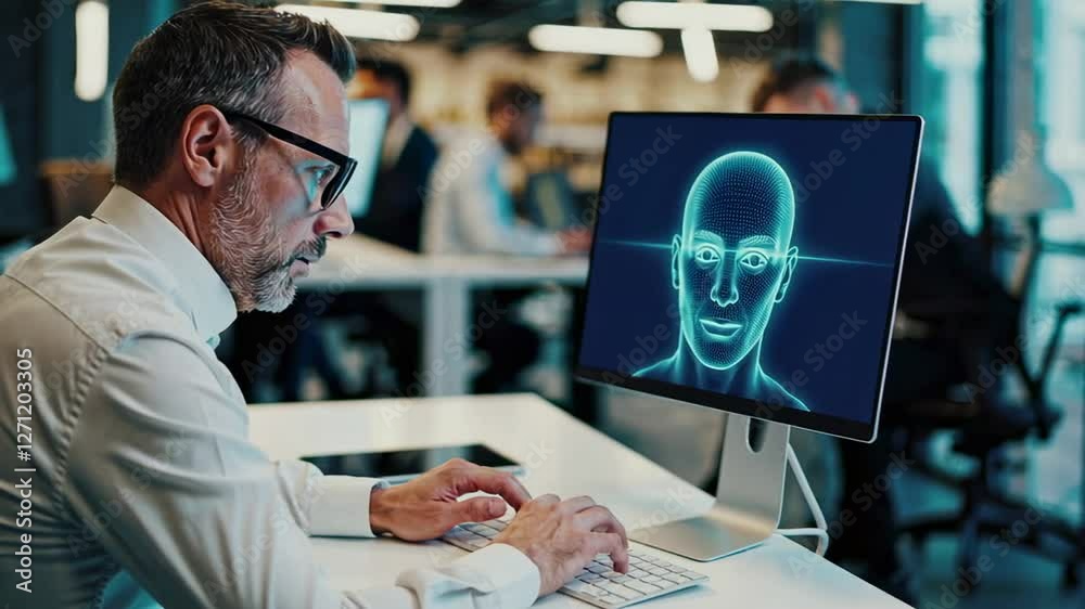 Aufkleber Program displays a 3d model of a human head, highlighting facial features, while a security expert types on a keyboard in an office environment, in slow motion