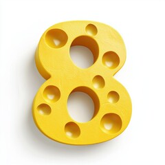 Number 8 made of yellow Swiss cheese with holes isolated on a clean white background