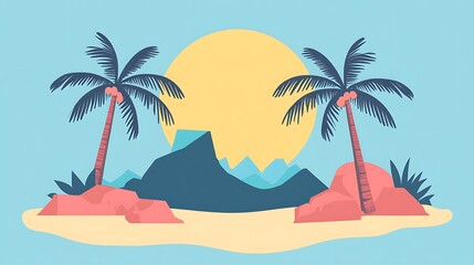 Fototapeta premium Tropical Island Paradise Scene With Palm Trees And Sun