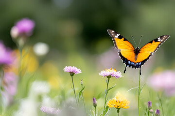 vibrant butterfly perched on colorful flowers in sunny meadow, showcasing nature beauty and tranquility
