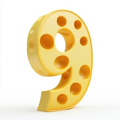 Obraz premium Number 9 made of yellow Swiss cheese with holes isolated on a clean white background
