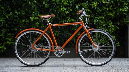 Orange Vintage Bicycle Against Green Leafy Wall