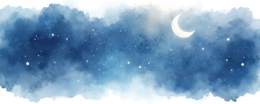 Watercolor night sky illustration. Dark blue galaxy background with stars and moon. Sweet dreams, good night concept for kids room decor, celebration banner, bedtime story. Lullaby art design element.
