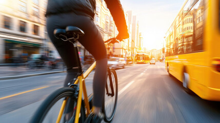 Smart city transportation with electric buses and cyclist, showcasing urban sustainability initiatives boosting economic benefits